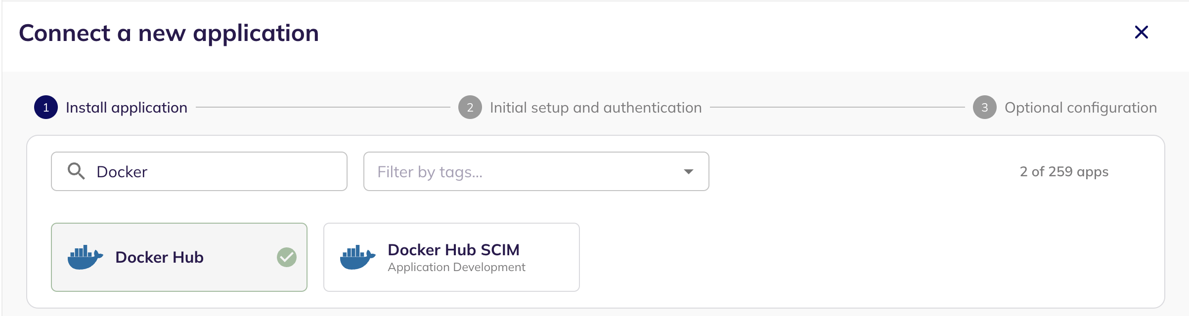 The Connect a new application step with Docker Hub selected