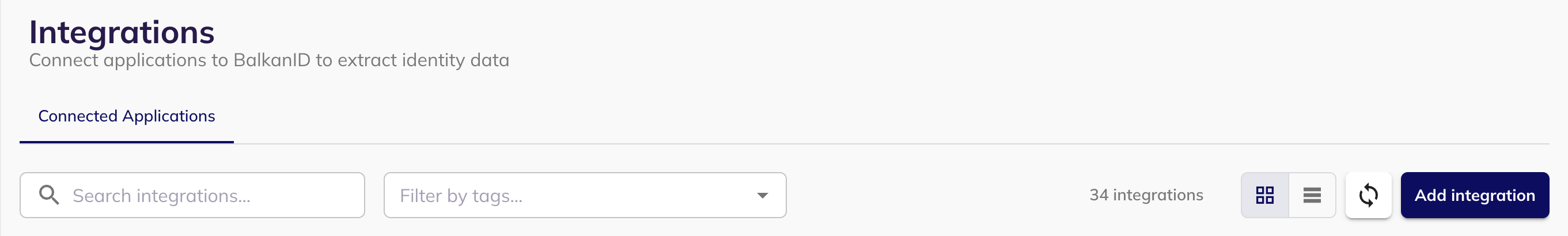 The Integrations page header with the search field, tag filter and the Add integration button