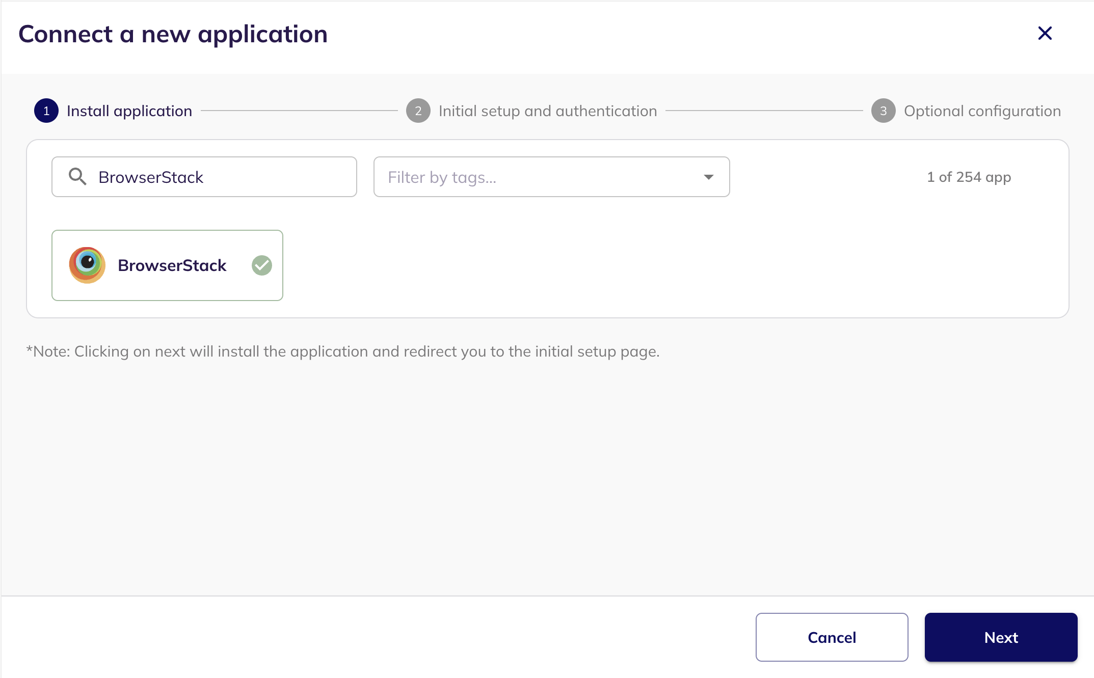 BrowserStack selected in the Connect a new application step