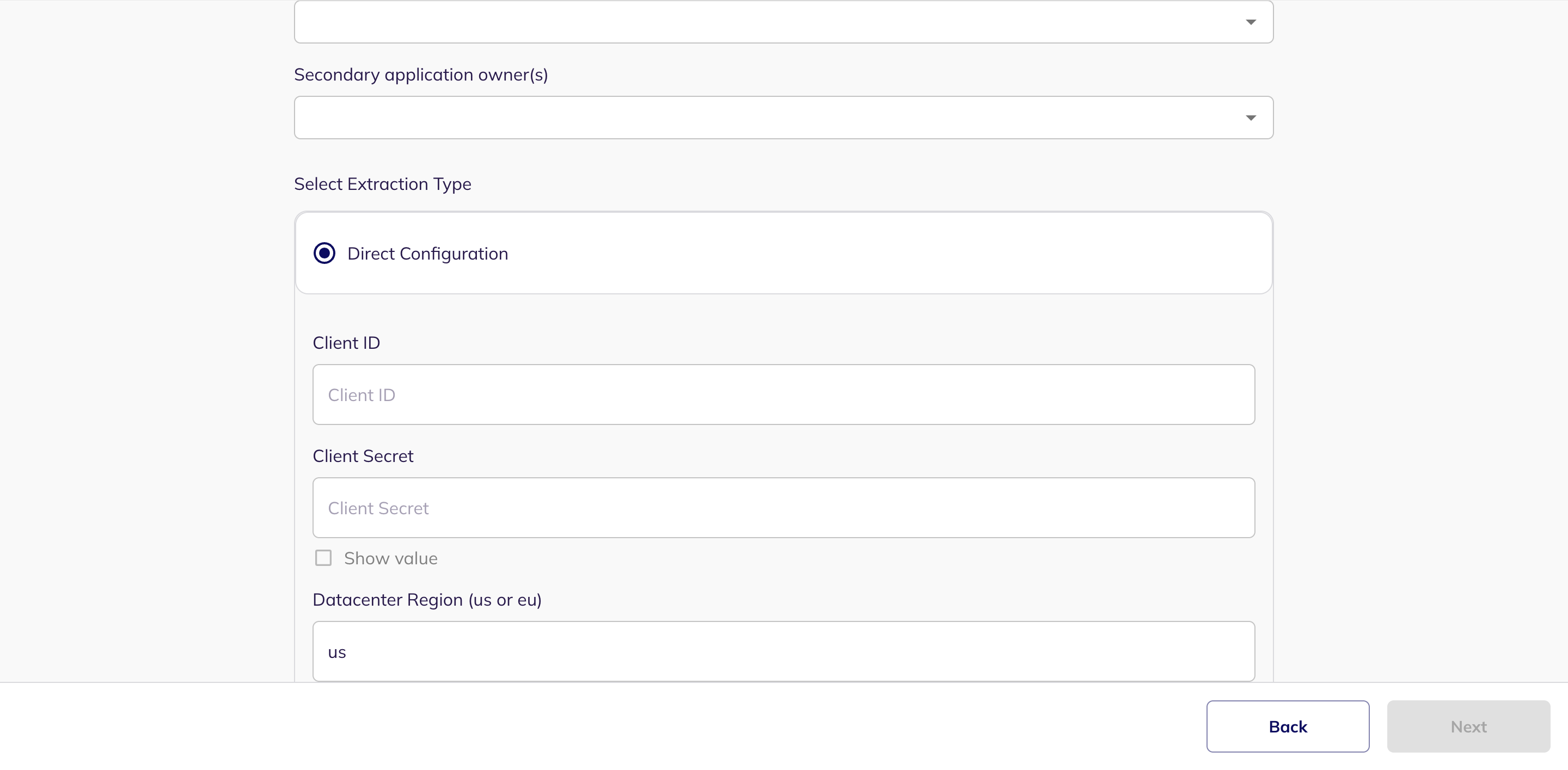 The Direct Configuration fields for Slido showing Client ID, Client Secret and Datacenter Region