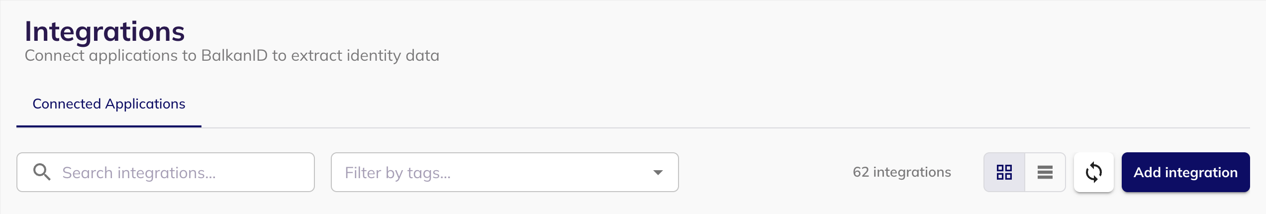 The BalkanID Integrations page with the Add integration button in the top right