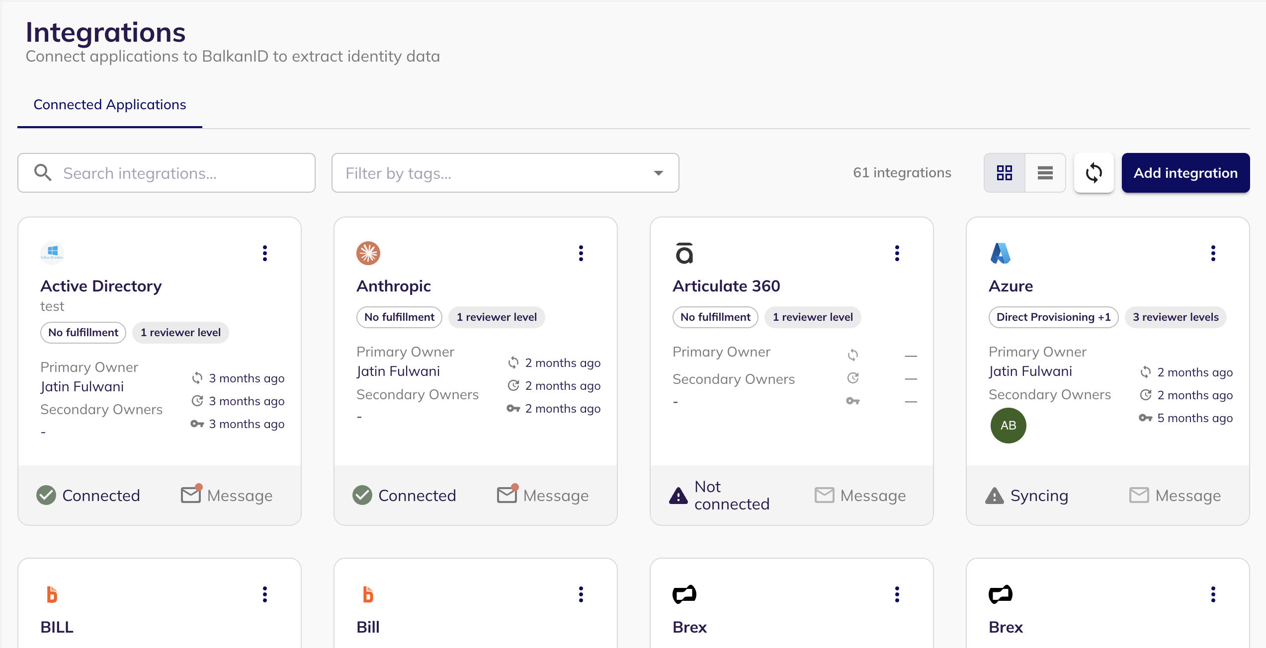 The BalkanID Integrations page with the Add integration button at the top right