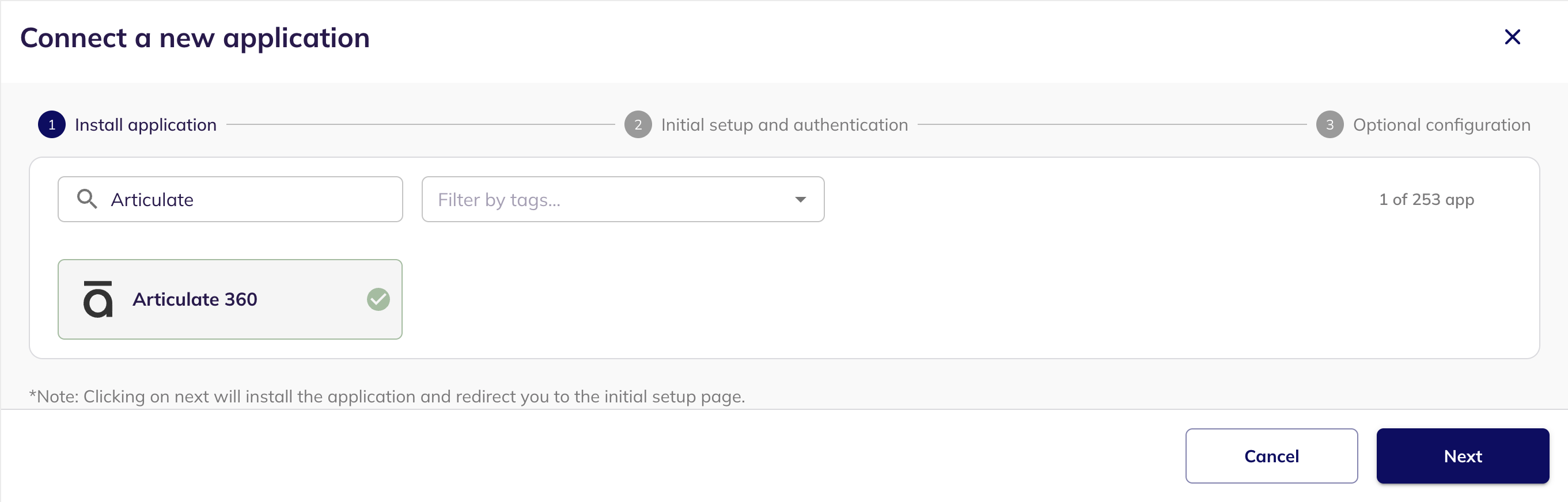 Step one of the Connect a new application wizard with Articulate 360 searched for and selected