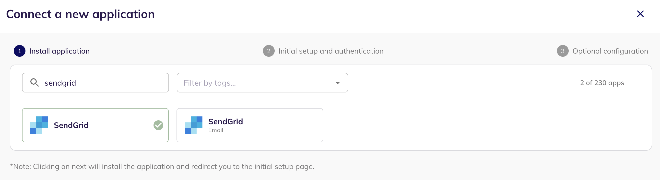Step one of the Connect a new application wizard with SendGrid searched for and selected