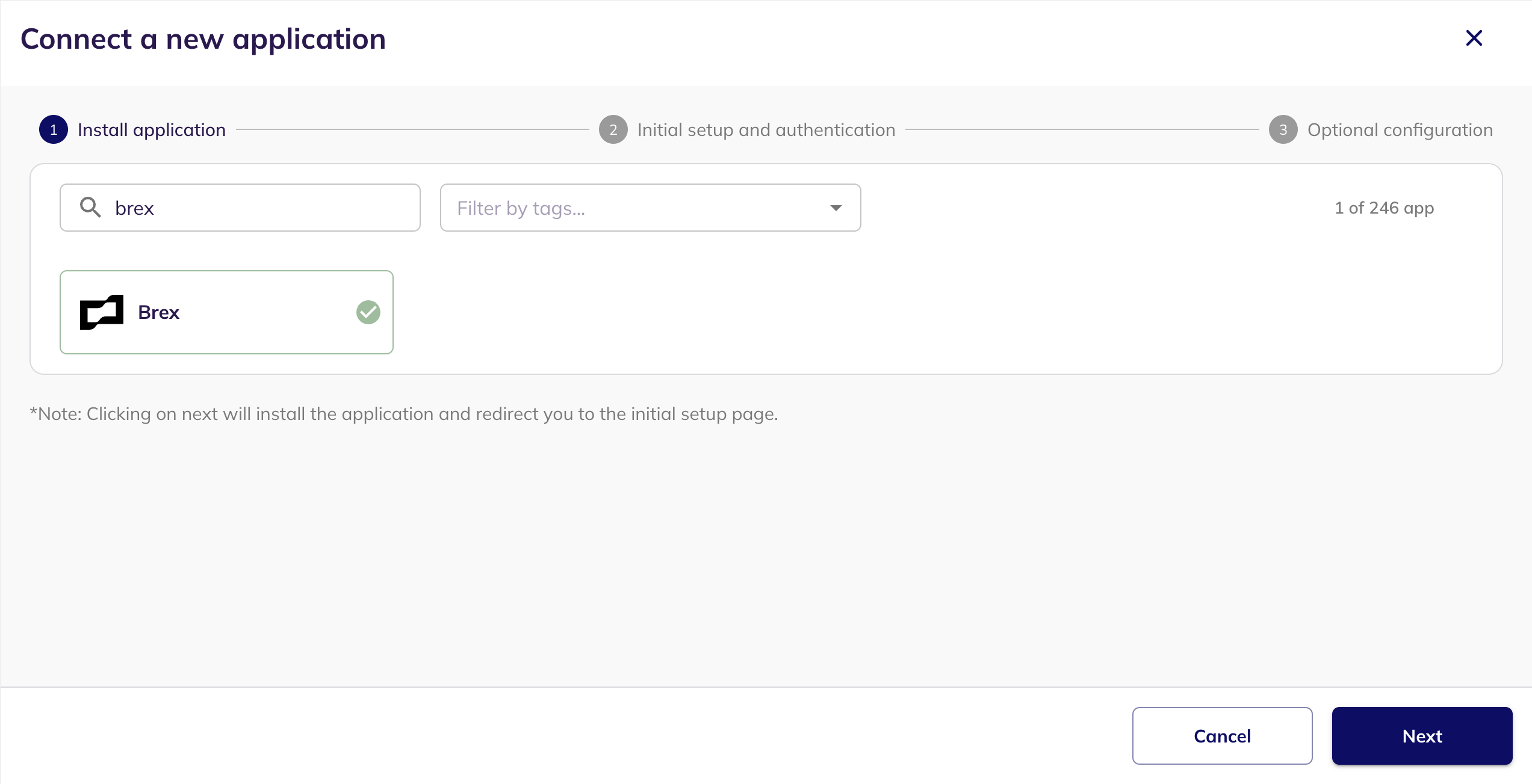 The Connect a new application step with Brex searched for and selected