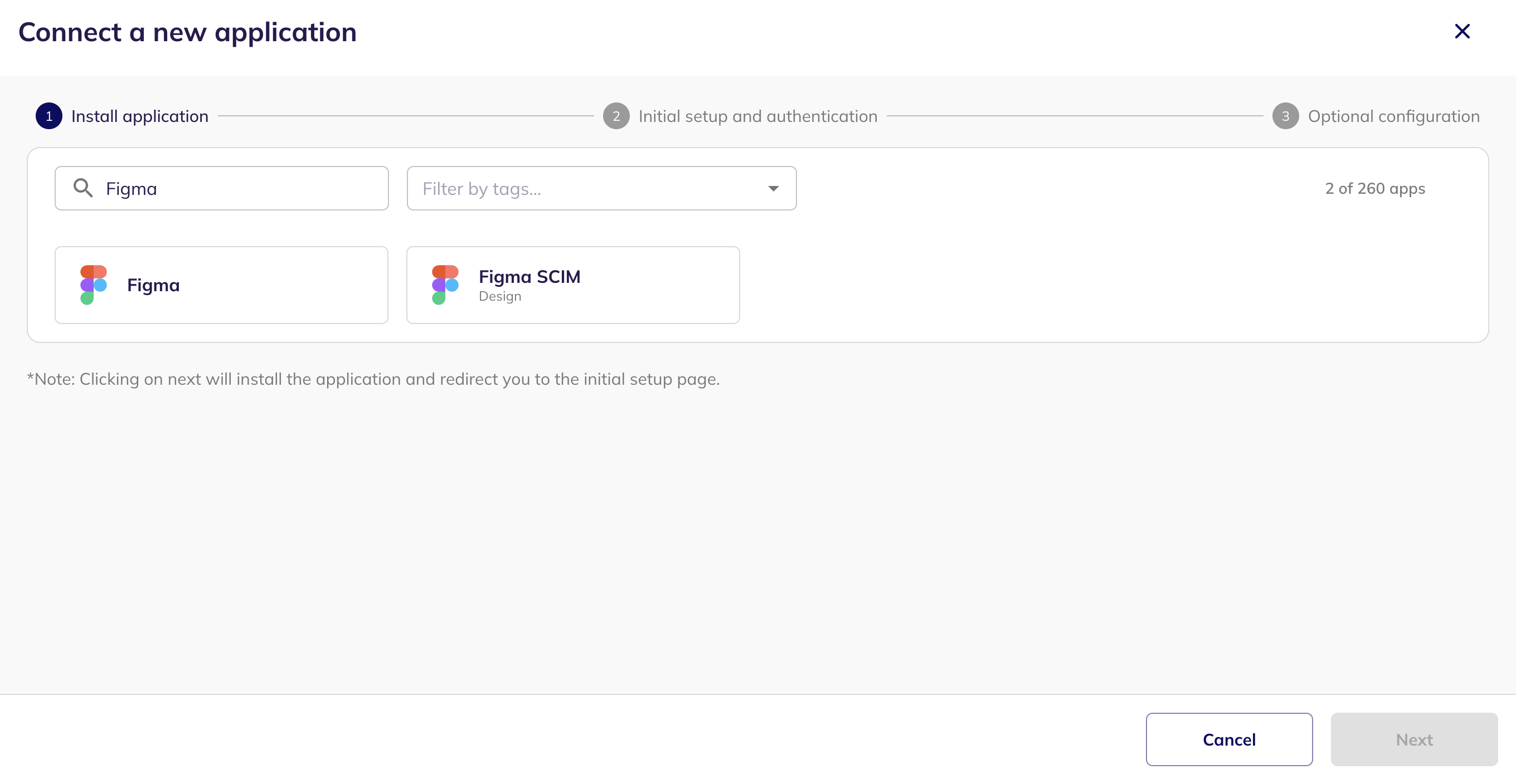 The Connect a new application step with Figma selected from the application list