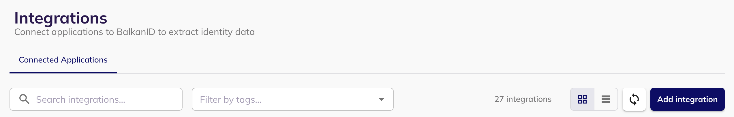 The BalkanID Integrations page, with the Add integration button at the top right