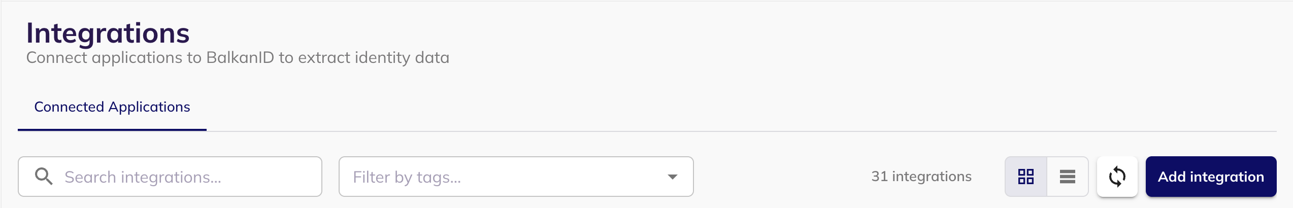 The BalkanID Integrations page, with the Add integration button in the top right