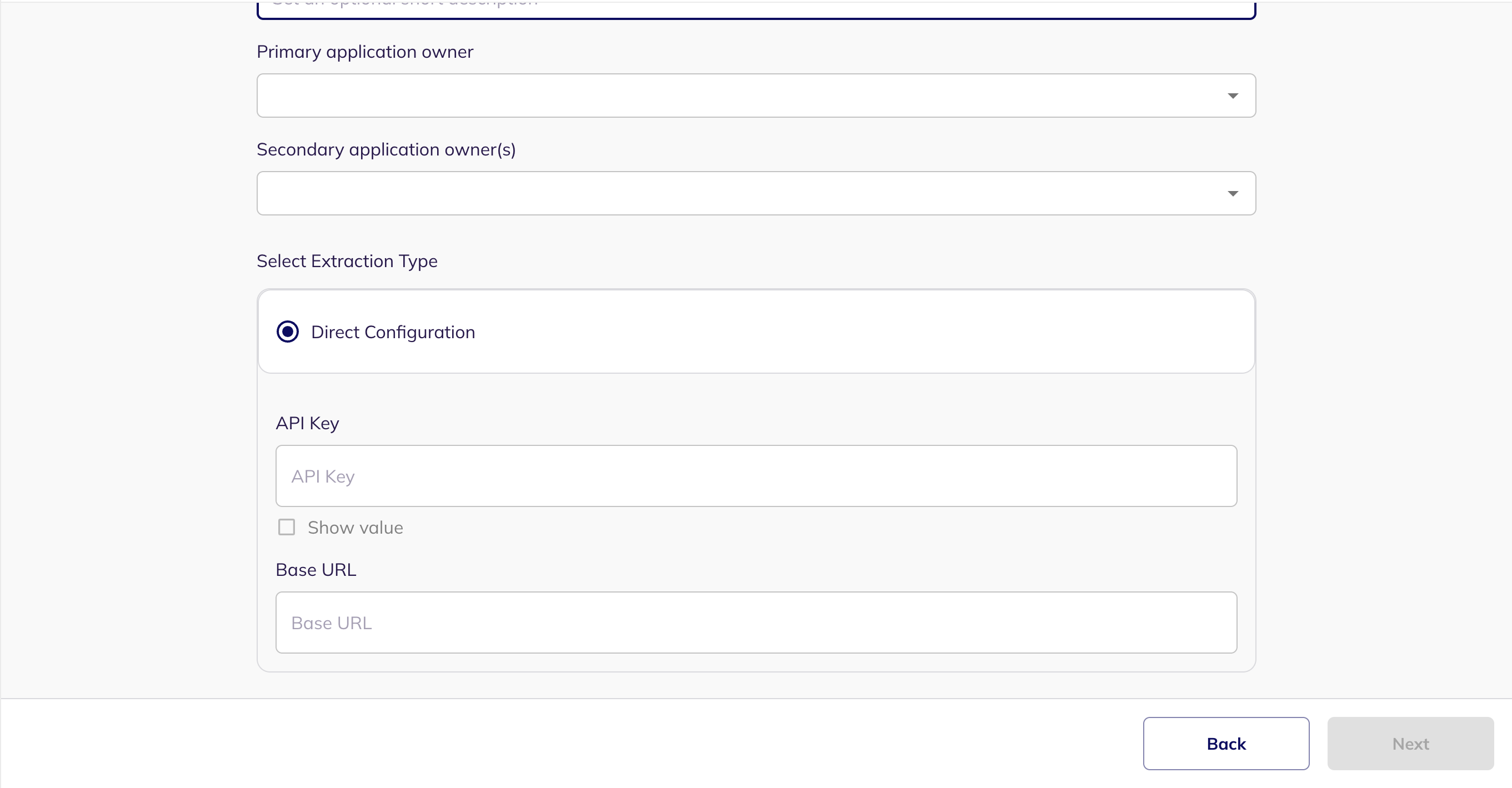 The Direct Configuration step showing the API Key and Base URL fields