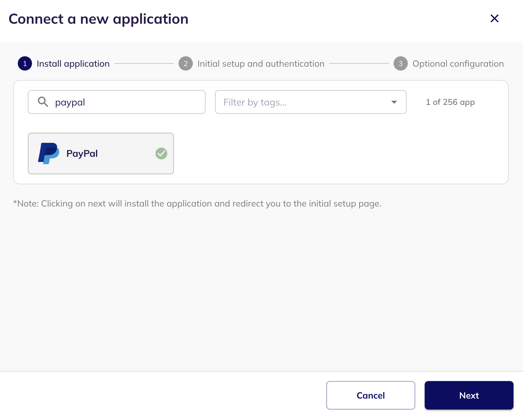 The Connect a new application step with PayPal searched for and selected