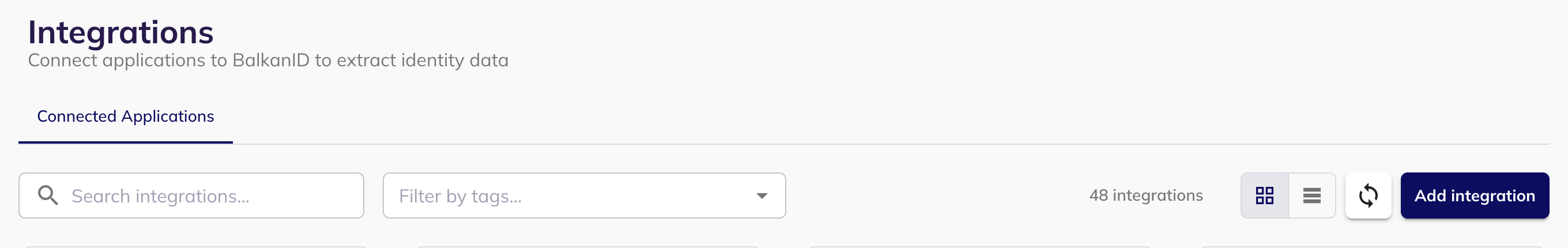 The BalkanID Integrations page with the Add integration button in the top right