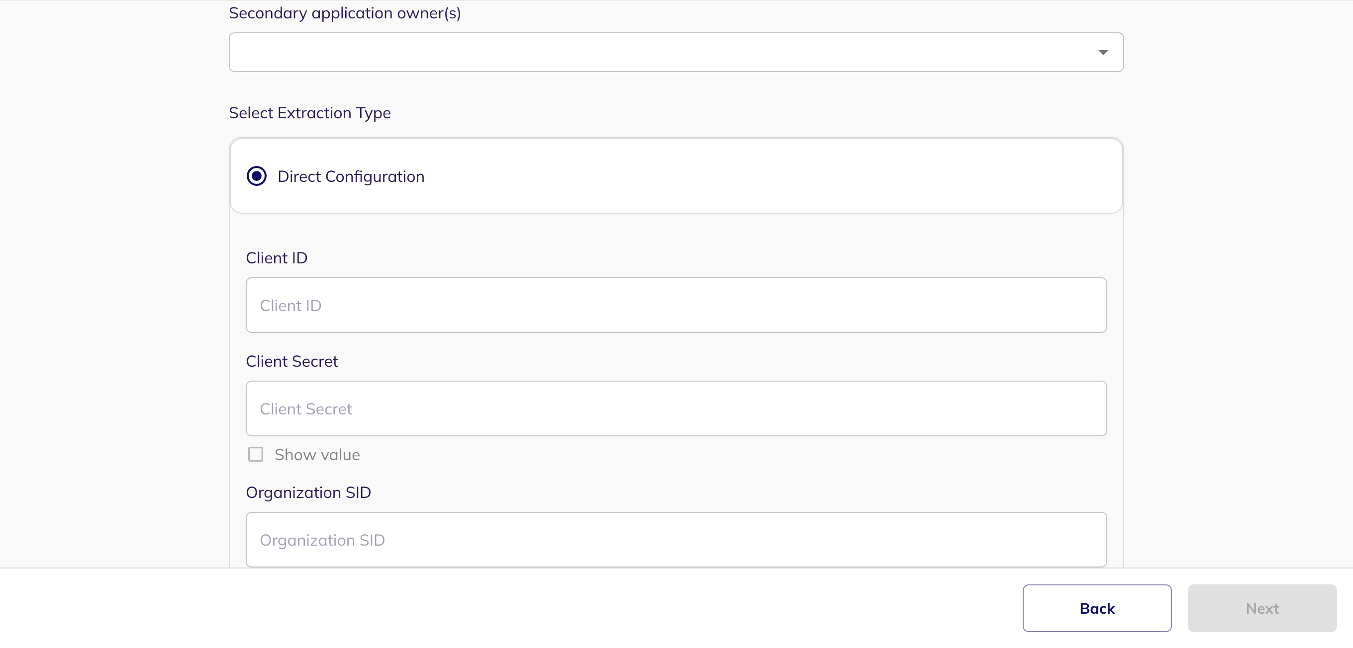 The Direct Configuration fields for Client ID, Client Secret and Organization SID