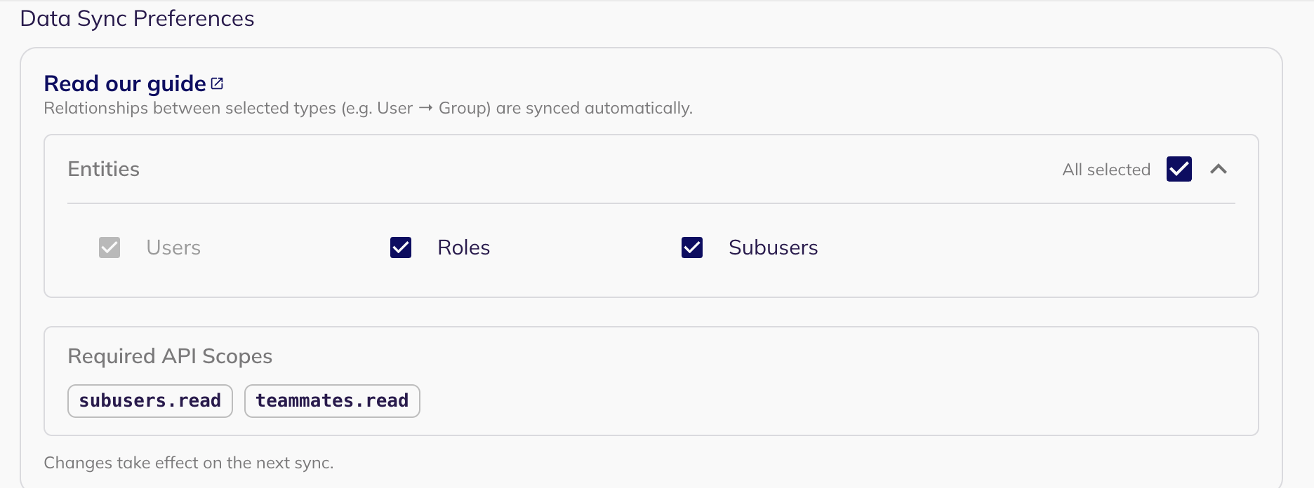 The Data Sync Preferences panel showing the Users, Roles and Subusers entity types and the required API scopes