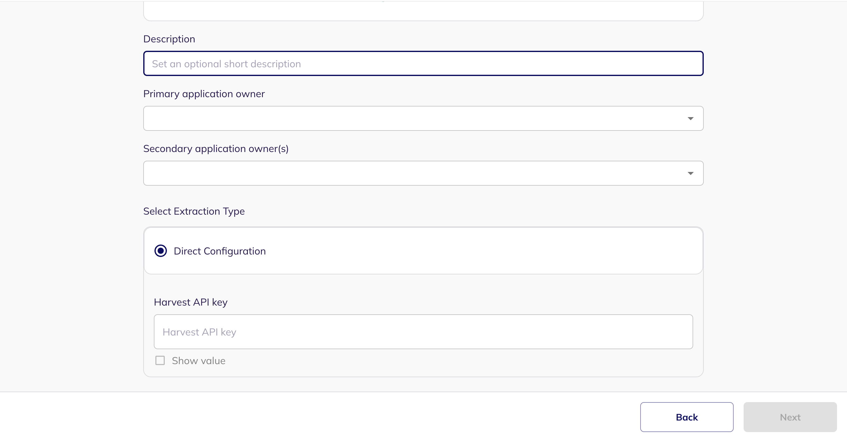 The Direct Configuration section showing the Harvest API key field
