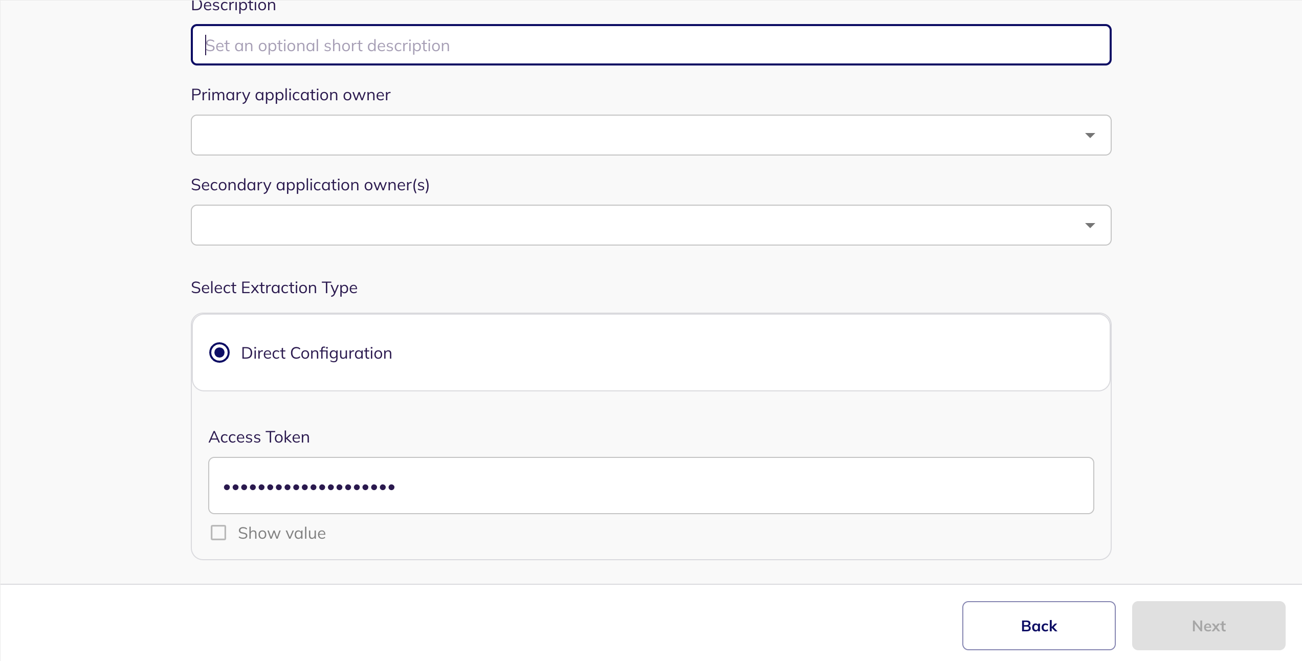 The Direct Configuration step showing the Access Token field
