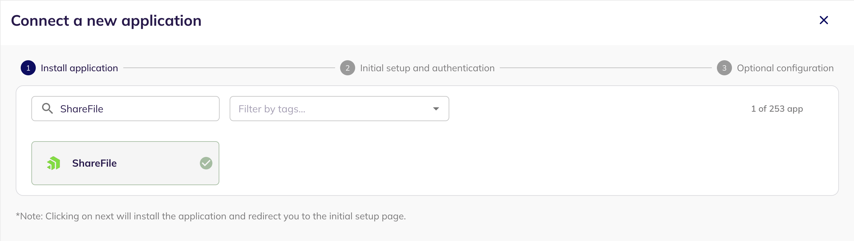 Step one of the Connect a new application wizard, with ShareFile found by search and selected.