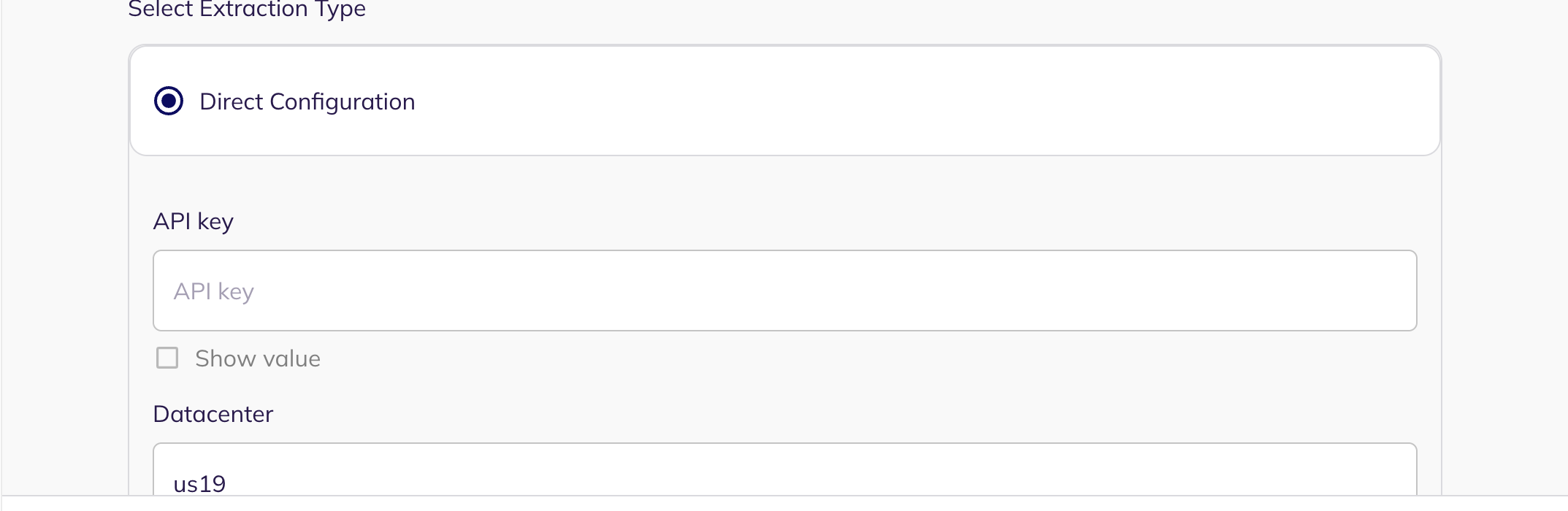 Direct Configuration selected, showing the API key and Datacenter fields