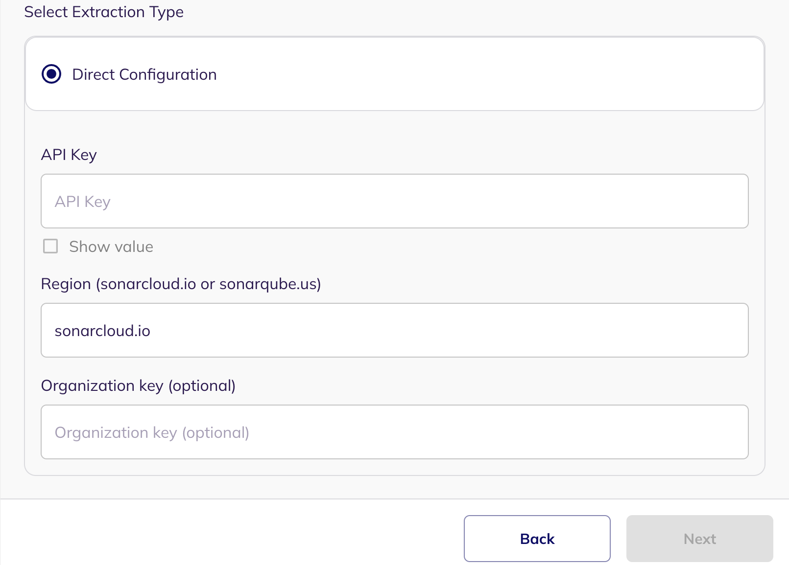 The Direct Configuration fields for SonarQube Cloud: API Key, Region and Organization key